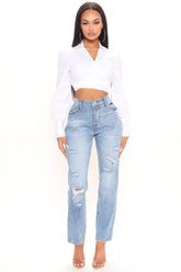 Stole His Heart Ripped Boyfriend Jeans - Medium Blue Wash